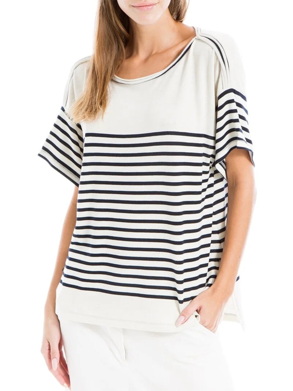 Max Studio Ivory and Black Trim Crew Neck Tee